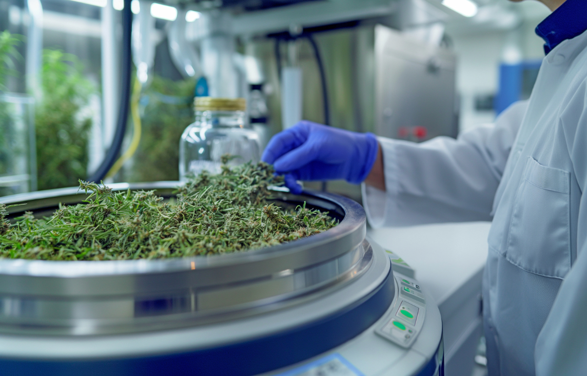 Images of a scientist extracting CBD oil from cannabis for use i